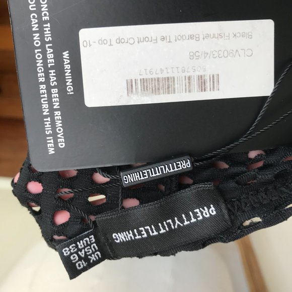 Pretty Little Thing BNWT | Size 10 | Black Fishnet Bardot Tie Front Crop Top - Picture 8 of 9